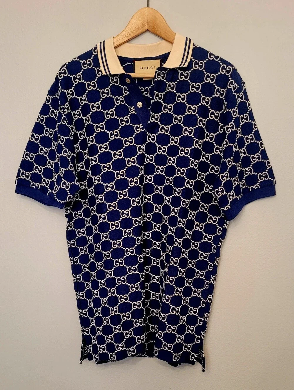 🇮🇹 Gucci Navy Blue GG 👕Jacquard Polo with Cream Collar🇮🇹